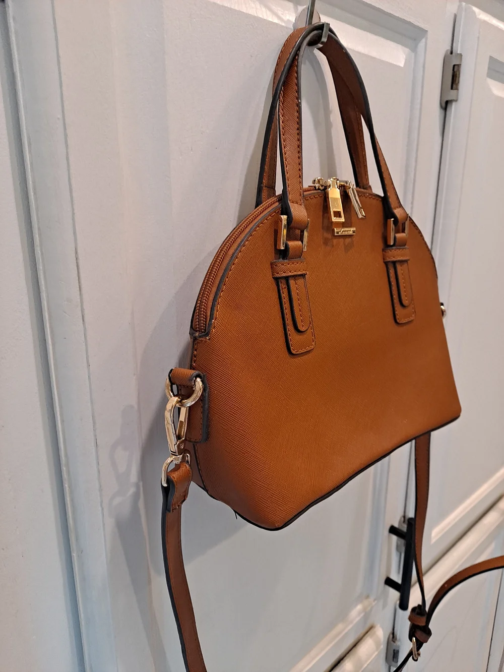 Lovevook Structured Tan Dome Satchel Saffiano Vegan Handbag with Gold Hardware